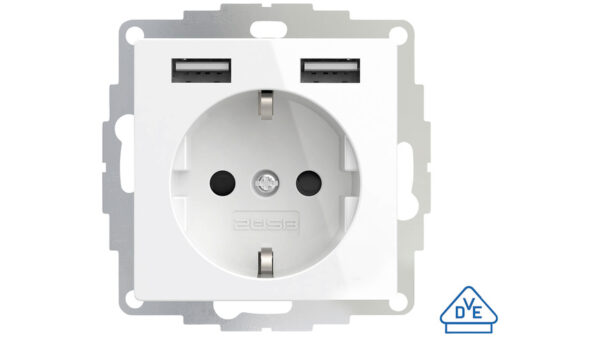 2USB Schutzkontakt-Steckdose mit 2 USB-Ports, reinweiß glänzend, 55 x 55 mm, VDE zertifiziert