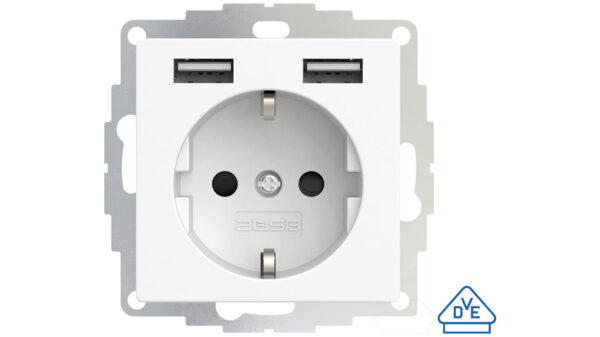 2USB Schutzkontakt-Steckdose mit 2 USB-Ports, reinweiß matt, 55 x 55 mm, VDE zertifiziert