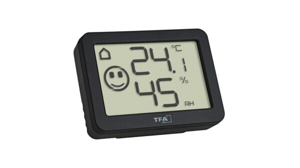 TFA Thermo-Hygrometer mit Smiley-Klimakomfortanzeige, Raumtemperatur, Luftfeuchte (rH), schwarz