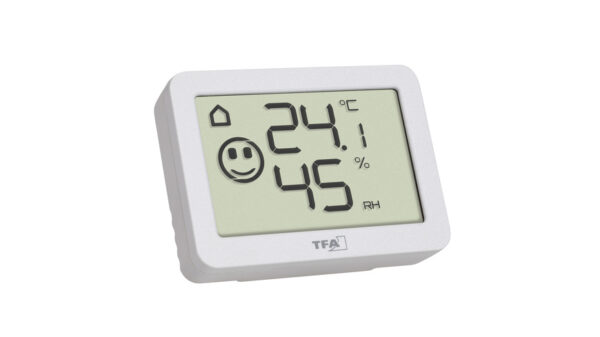 TFA Thermo-Hygrometer mit Smiley-Klimakomfortanzeige, Raumtemperatur, Luftfeuchte (rH), weiß