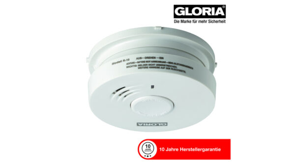 GLORIA Rauchwarnmelder R-10, 10-Jahres-Lithium-Batterie, 10 Jahre Herstellergarantie, Q-Label